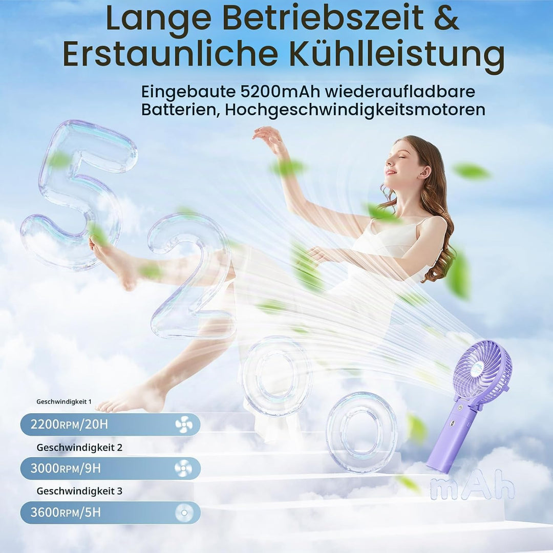 HandFan Handventilator, 5200 mAh, wiederaufladbar, 20 Stunden Laufzeit, Handventilator, 3 Geschwindi