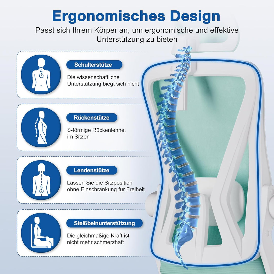 Bürostuhl, Bürostuhl Ergonomisch mit Verstellbarer Kopfstütze, Armlehnen, Lendenwirbelstütze, Schrei