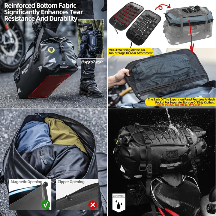 Rhinowalk Motorrad Hecktasche 20L – 100% wasserdichte Satteltasche mit Rolltop-Magnetverschluss, als