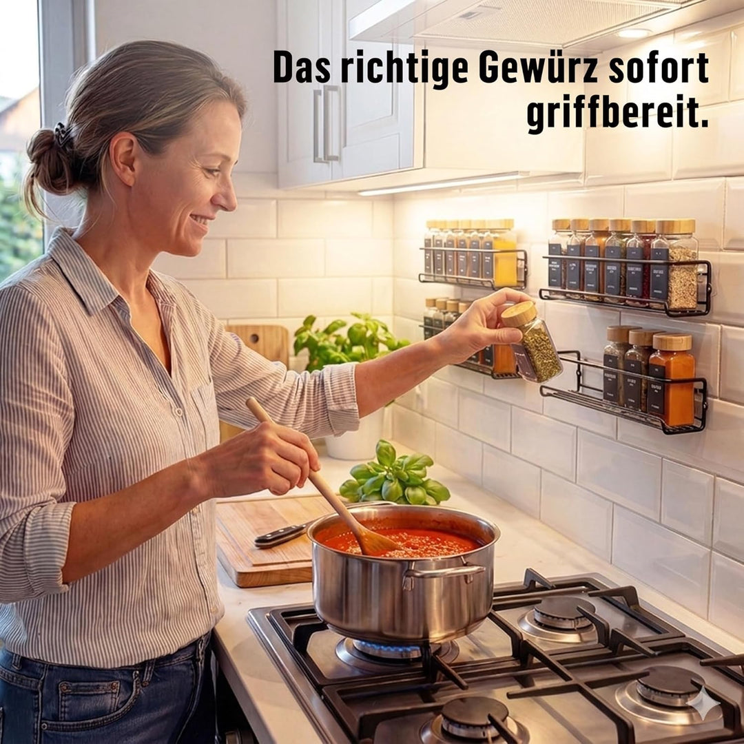Deco haus® Gewürzregal Wand ohne Bohren [MIT 24 GEWÜRZGLÄSER & ETIKETTEN] - Gewürzregal Hängend 4er