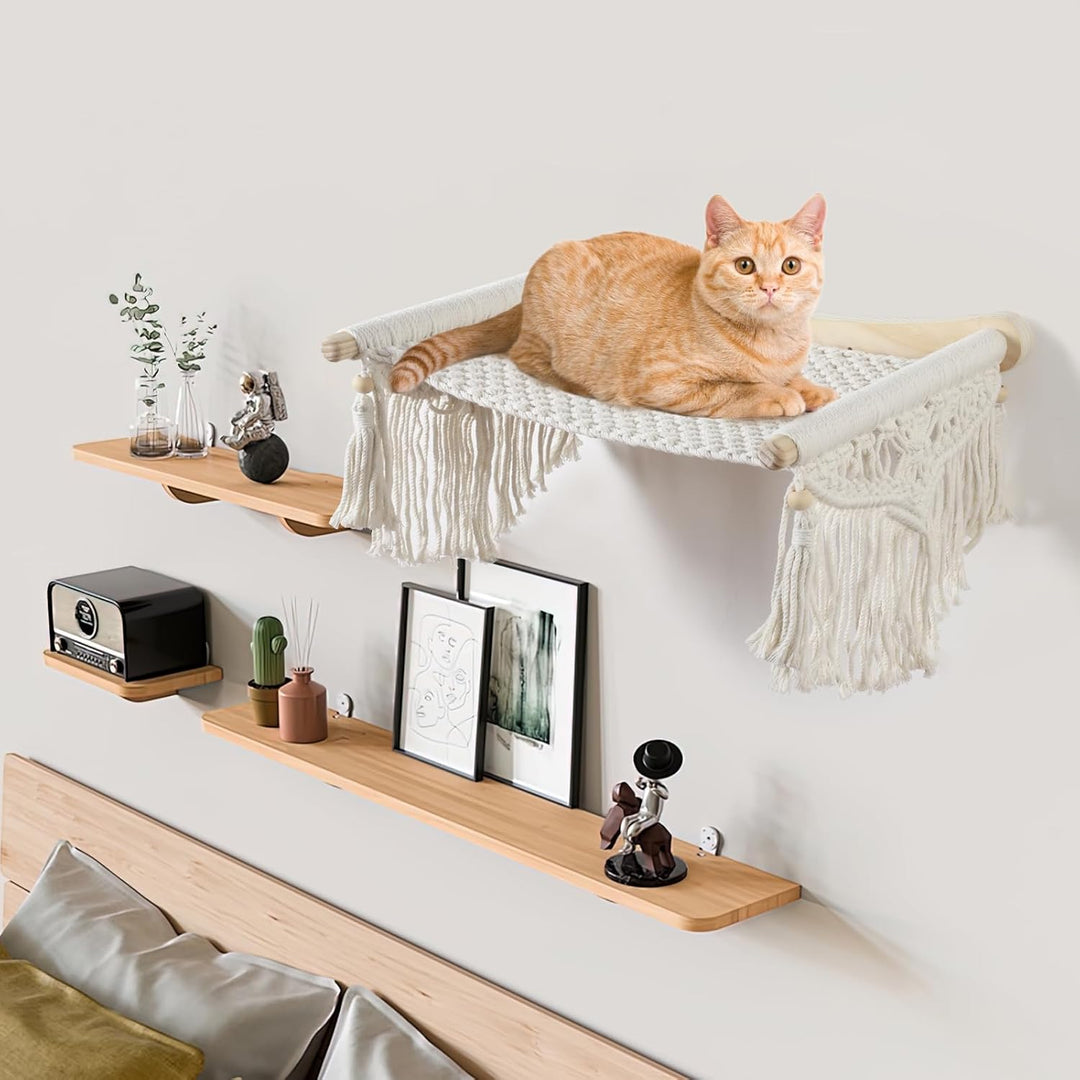 Makramee-Katzen-Wandregal & Hängematte - Gemütliche Katzenbetten mit Fensterplatz für Indoor-Spass,