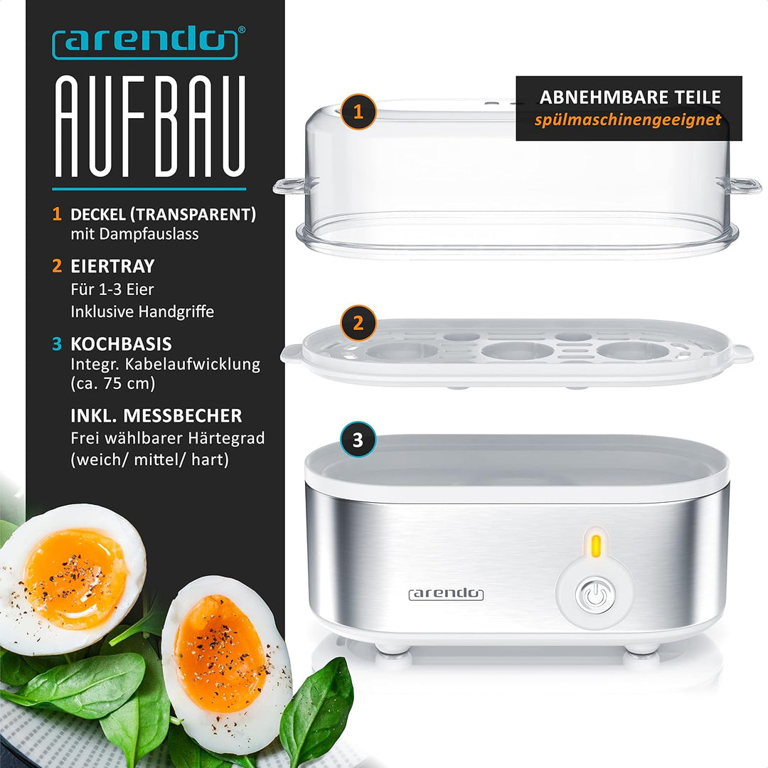 Arendo - Edelstahl Eierkocher Threecook - Egg Cooker - EIN AUS-Schalter - Wählbarer Härtegrad - 210