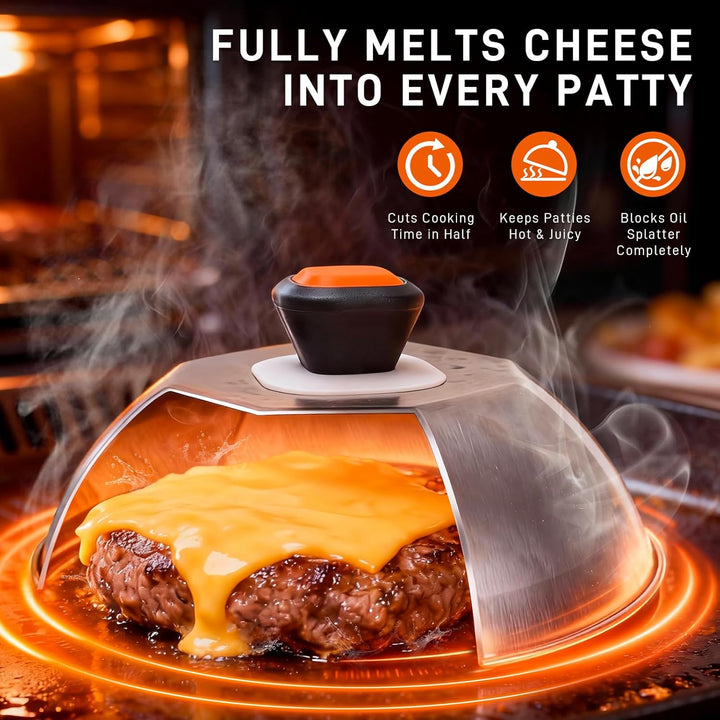 Burgerpresse Set 3-TLG, Edelstahl Burger Smasher, Schmelzkuppel, Grillspachtel, Professionelles Leck