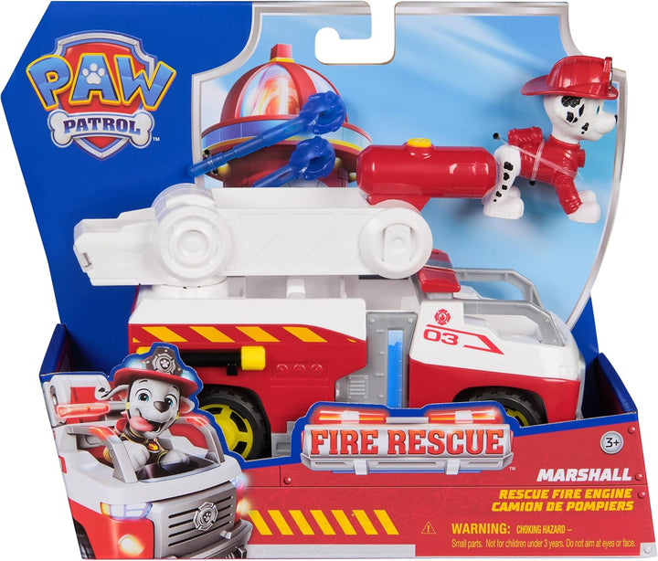 PAW PATROL – Fire Rescue Marshalls Feuerwehr-Fahrzeug mit Löschspritze und Marshall Hundefigur, Spie