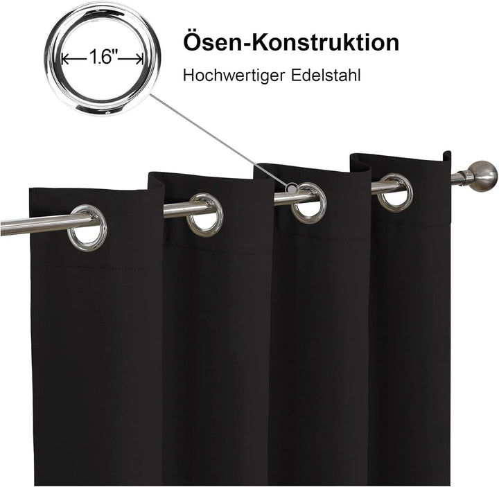 CUCRAF Verdunklungsvorhänge Thermovorhang Kälteschutz 2er Set H117 x B160cm Gardinen mit Ösen Schwar