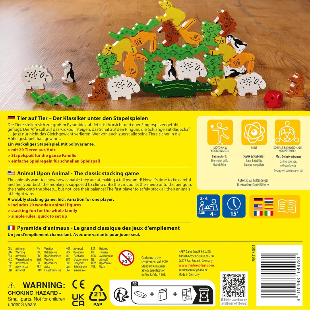HABA Tier auf Tier – Stapelspiel aus Holz mit 29 Tieren, Balance- und Motorikspielzeug für Kinder ab