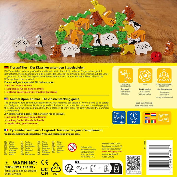 HABA Tier auf Tier – Stapelspiel aus Holz mit 29 Tieren, Balance- und Motorikspielzeug für Kinder ab