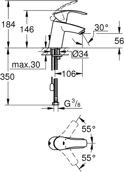 GROHE Eurosmart Waschtischarmatur, versenkbare Kette, Standard-Auslauf 33188002 S versenkbare Kette,