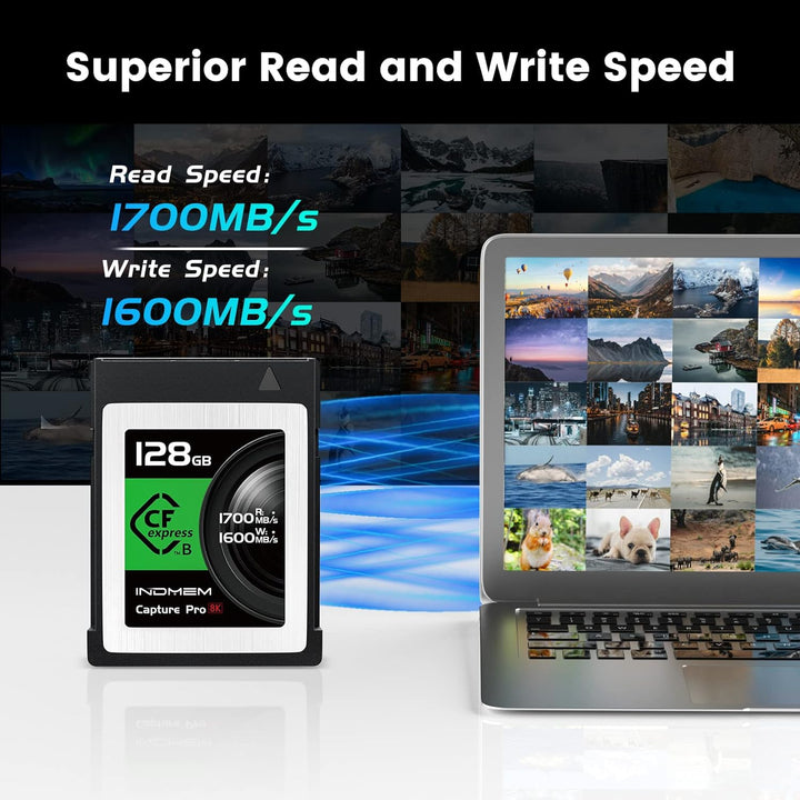INDMEM CFexpress Type B Card 128GB, CFexpress Memory Card 1700MB/s Read 1600MB/s Write Support 8K RA