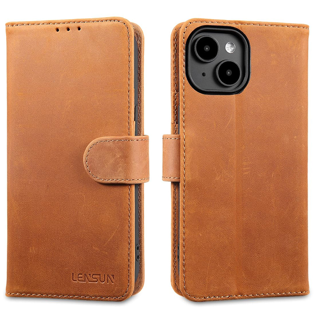 LENSUN Echtleder Hülle für iPhone 15, Handyhülle [Echtes Leder][Kartenfach][RFID Schutz] Handytasche