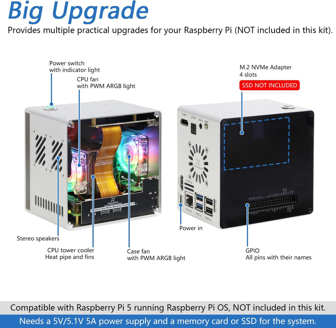 FREENOVE NAS Case for Raspberry Pi 5 (NOT Included), Quad M.2 NVMe SSD Slots, PWM ARGB Fans Light Sy