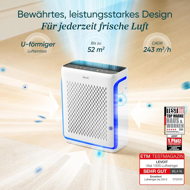 LEVOIT HEPA Luftreiniger Allergiker für 52㎡ Wohnung Raucherzimmer, 23dB Air Purifier mit Staub-&amp;Lich