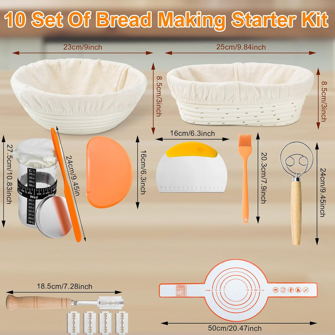 Gärkorb zum Brotbacken inkl.Komplettes Sauerteig-Starter-Set,10-Zoll ovales und 9-Zoll rundes Hefebr