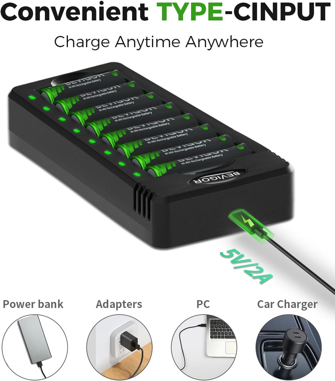 Bevigor AA NI-MH-Akku, 8 Stück AA wiederaufladbare Batterien mit 8-Positionen-Ladegerät für schnell