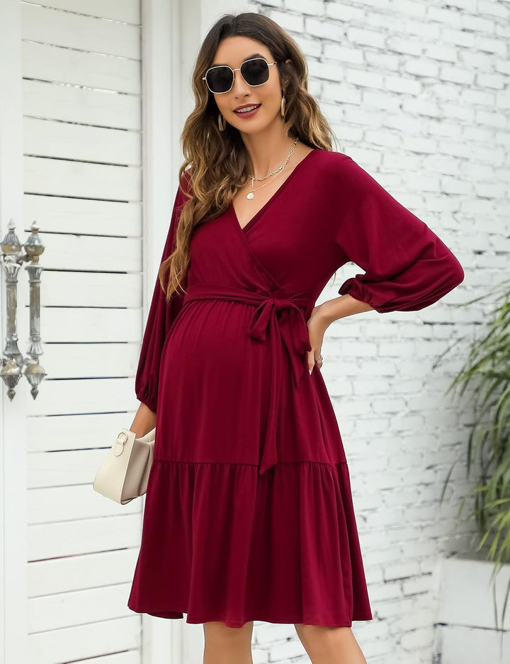KOJOOIN Damen Umstandskleid V-Ausschnitt 3/4 Ärmel Stillkleid Rüschen Schwangerschafts Kleider mit G