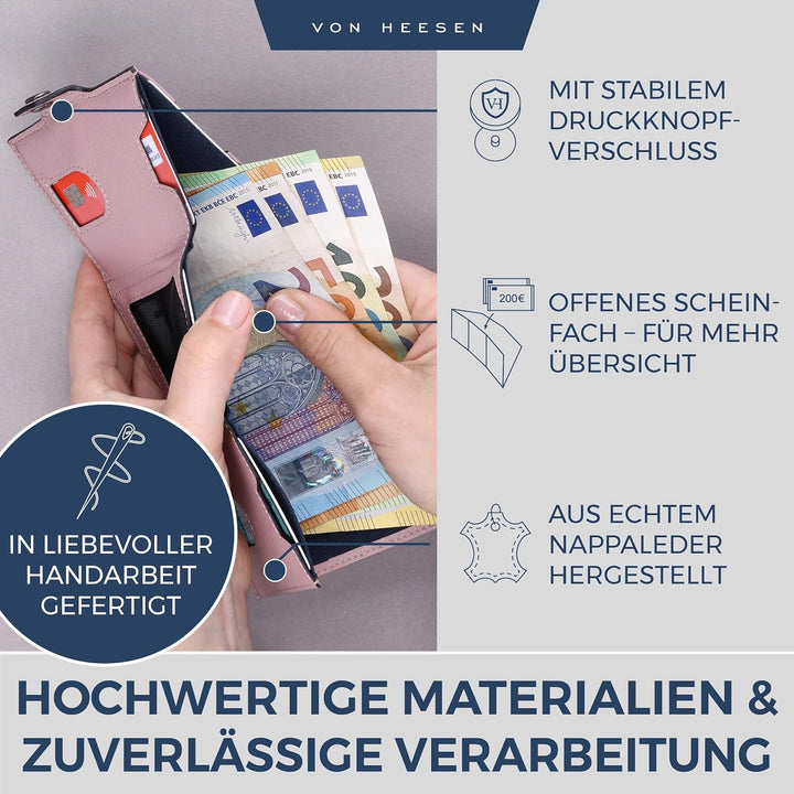 VON HEESEN Slim Wallet mit Münzfach &amp; RFID Schutz - Geldbörse Herren klein - Mini Geldbeutel Damen P