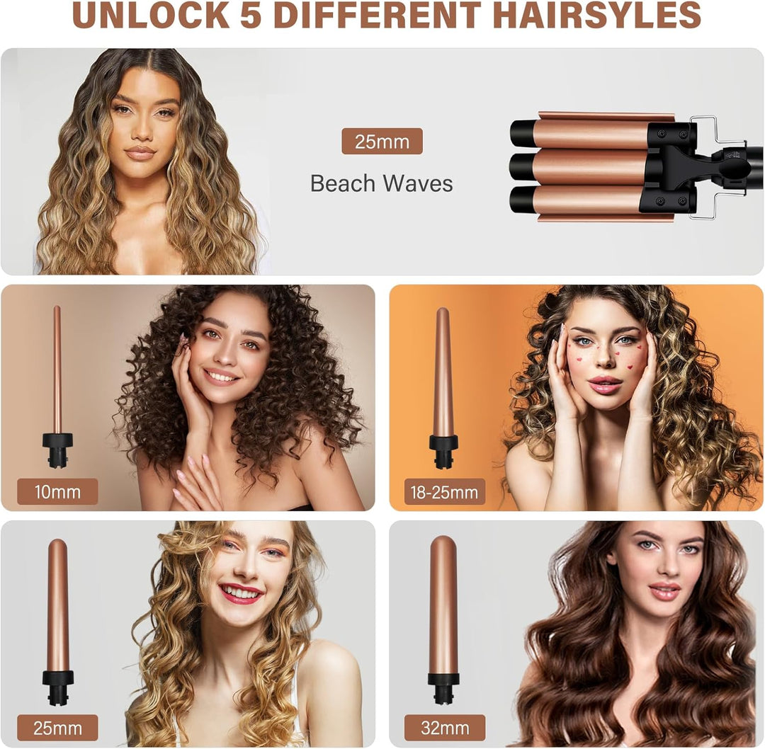 5 in 1 Lockenstab Set 3 Fässer Welleneisen Lockenstab für Grosse Locken, Kleine Locken, Temperaturei