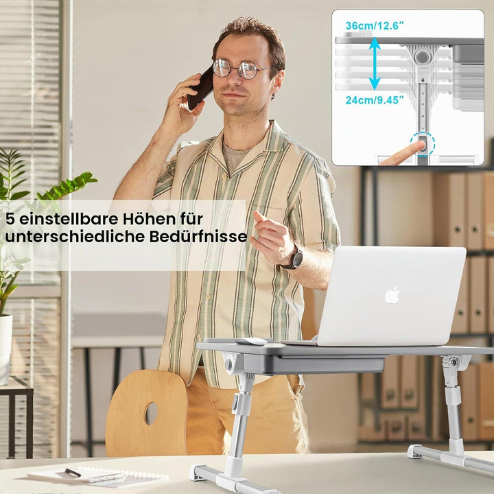 Laptoptisch fürs Bett, Höhenverstellbar, Winkelverstellbar, Betttisch Klappbar mit Laptop Kühler, Sc