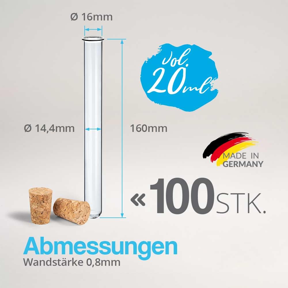 Tuuters 100x Glas Reagenzgläser mit Korken (dunkelbraun), mit Rand, Bördelrand (160 x Ø16mm), 160 x
