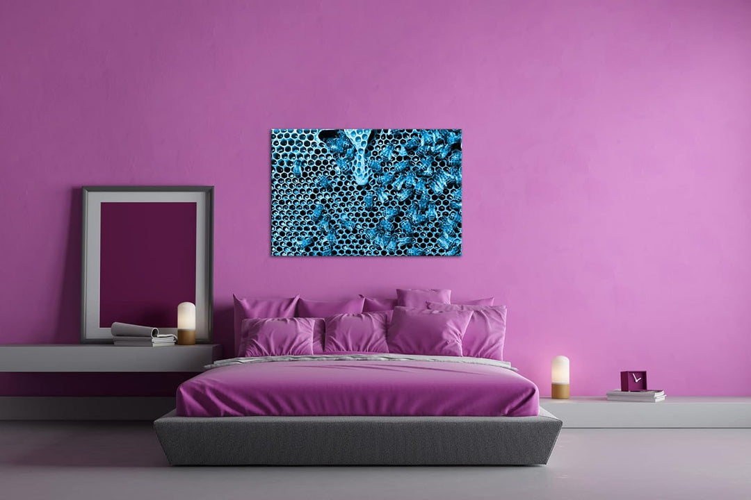 deyoli atemberaubende Honigwabe mit Bienen Format 80x60 Effekt: Monocrome Blau als Leinwandbild, Mot