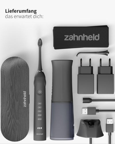 Zahnheld® Super-Set, elektrische Schallzahnbürste GERO + Munddusche AQUADENT | inkl. Bürstenkopf & R