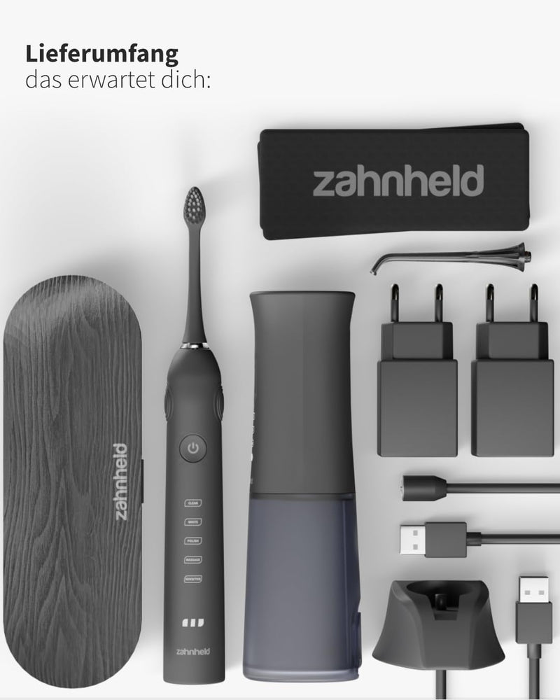 Zahnheld® Super-Set, elektrische Schallzahnbürste GERO + Munddusche AQUADENT | inkl. Bürstenkopf & R
