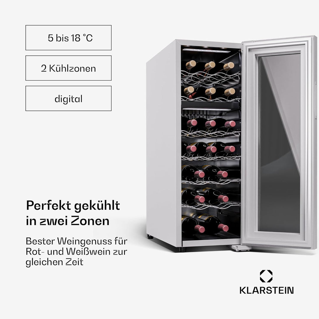 Klarstein Freistehender Weinkühlschrank 2 Zonen, Getränkekühlschrank Klein, Kleiner Weinschrank, Wei
