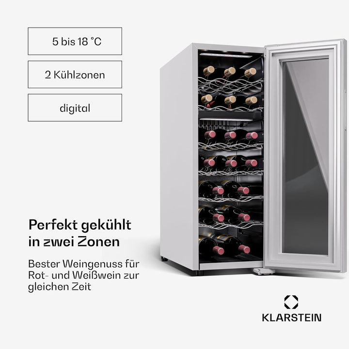 Klarstein Freistehender Weinkühlschrank 2 Zonen, Getränkekühlschrank Klein, Kleiner Weinschrank, Wei