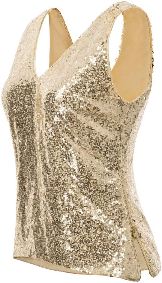 GRACE KARIN Damen Pailletten Tops Sparkle Shimmer Weste Ärmellos V-Ausschbitt U-Back Side Split Blus