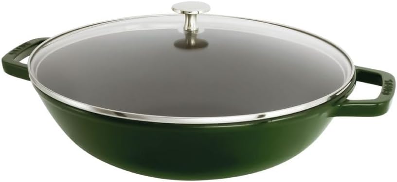 STAUB Wok aus Gusseisen, 30 cm, inkl. Glasdeckel, Induktionsgeeignet, Basilikumgrün