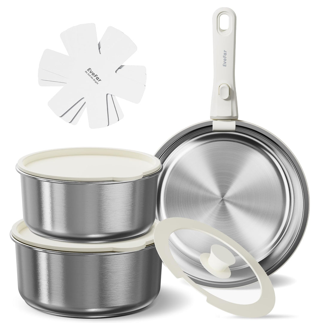 10Stk Topfsets Edelstahl Pfannenset mit Abnehmbaren Griffen, Pfanne 24cm, Topf 18/20cm, Stapelbar To