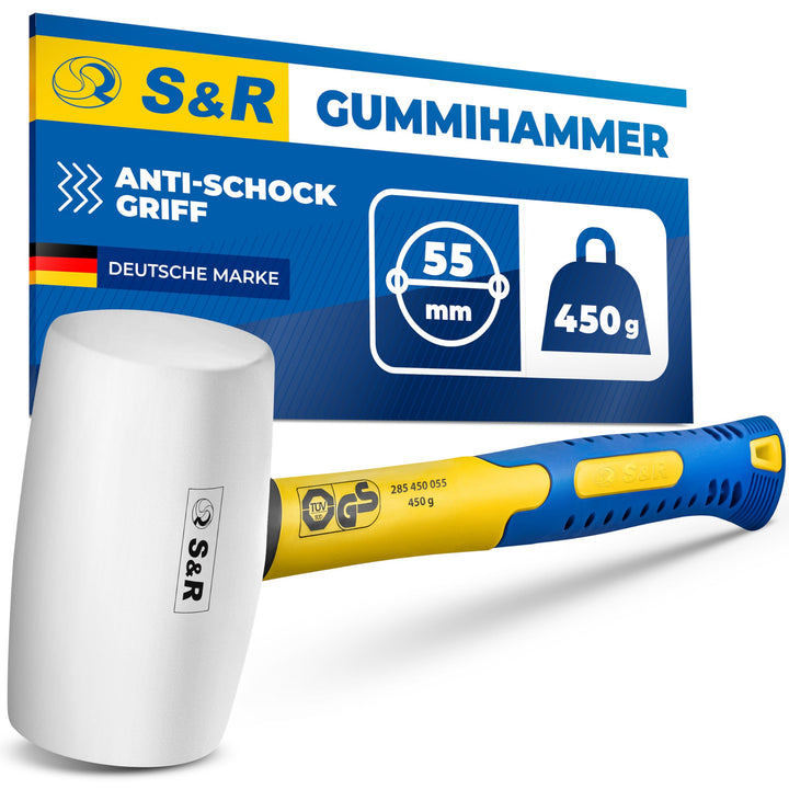 S&R Gummihammer weiss 55 mm, 450 Gr, mit rutschfestem stossdämpfendem Fiberglasstiel, keine Spuren b