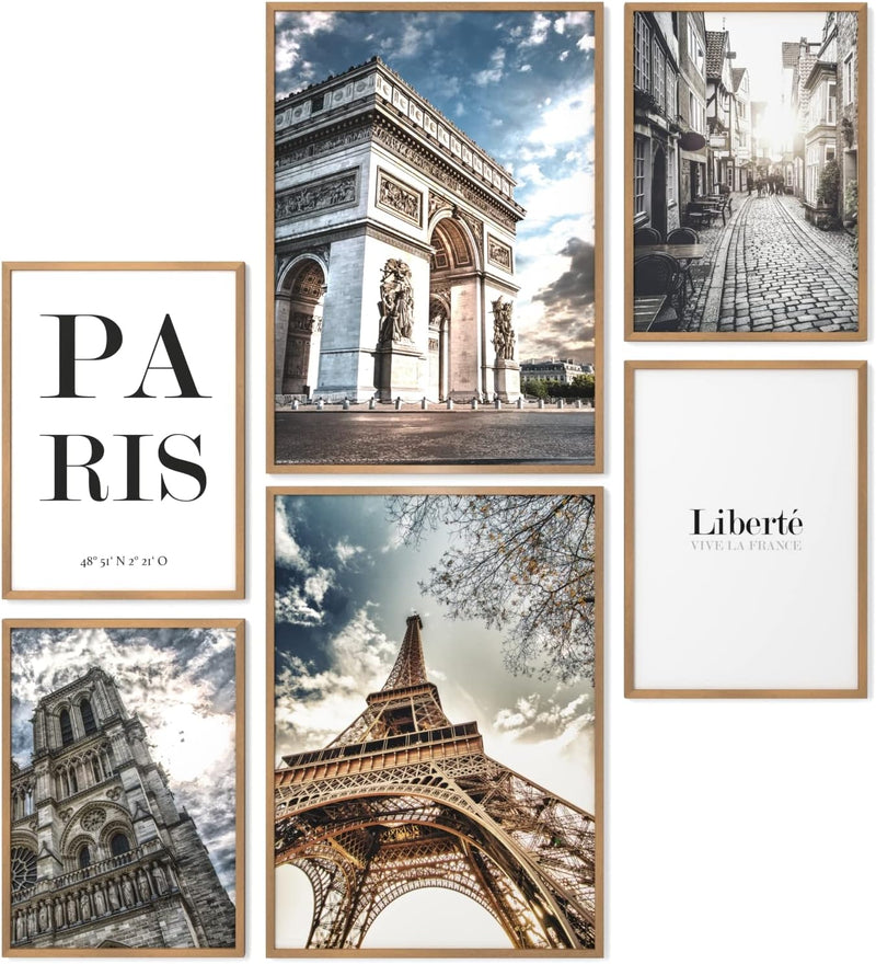 Papierschmiede® Mood Poster Set Paris, Fertiges Bilder Set mit Rahmen (Holz, Natur), Wohnzimmer Deko