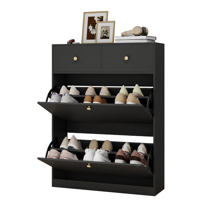 YOURLITE Schuhschrank Schmal, Schuhkipper mit 2 Klappen und 2 Schubladen, Schwarz Schuhregal, Trennw