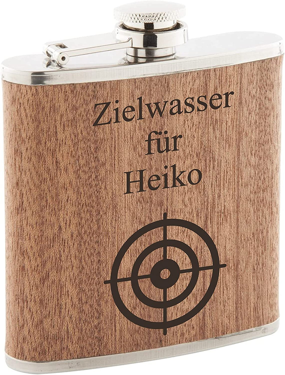Zielwasser mit Scheibe Flachmann Holz mit Gravur personalisiert (Scheibe), Scheibe
