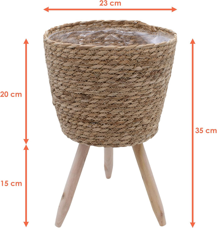 Spetebo Blumenständer aus Stroh innen mit Folie - 35 x 23 cm - Rattan Pflanzenständer mit 3 Holz Bei