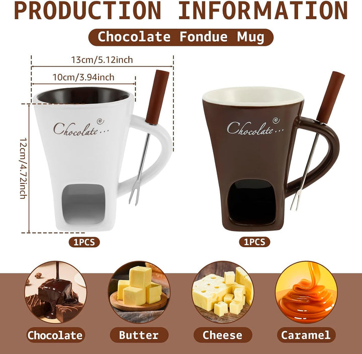 2 Stück Schokofondue Tasse,Schokoladen Fondue Becher Set,Keramik Schokoladenfondue mit Gabel,Schokol