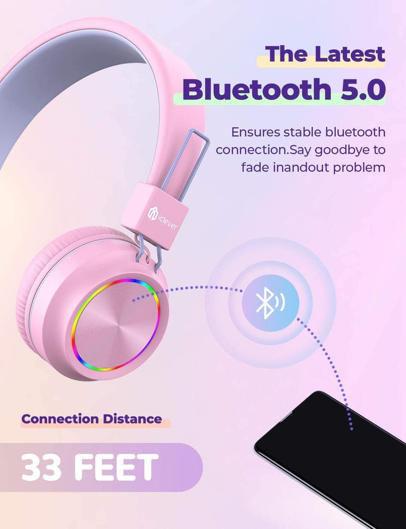 iClever 2 Pack Bluetooth Kinder Kopfhörer, Bunte Lichter LED, 94dB Lautstärkebegrenzung, Faltbare, E