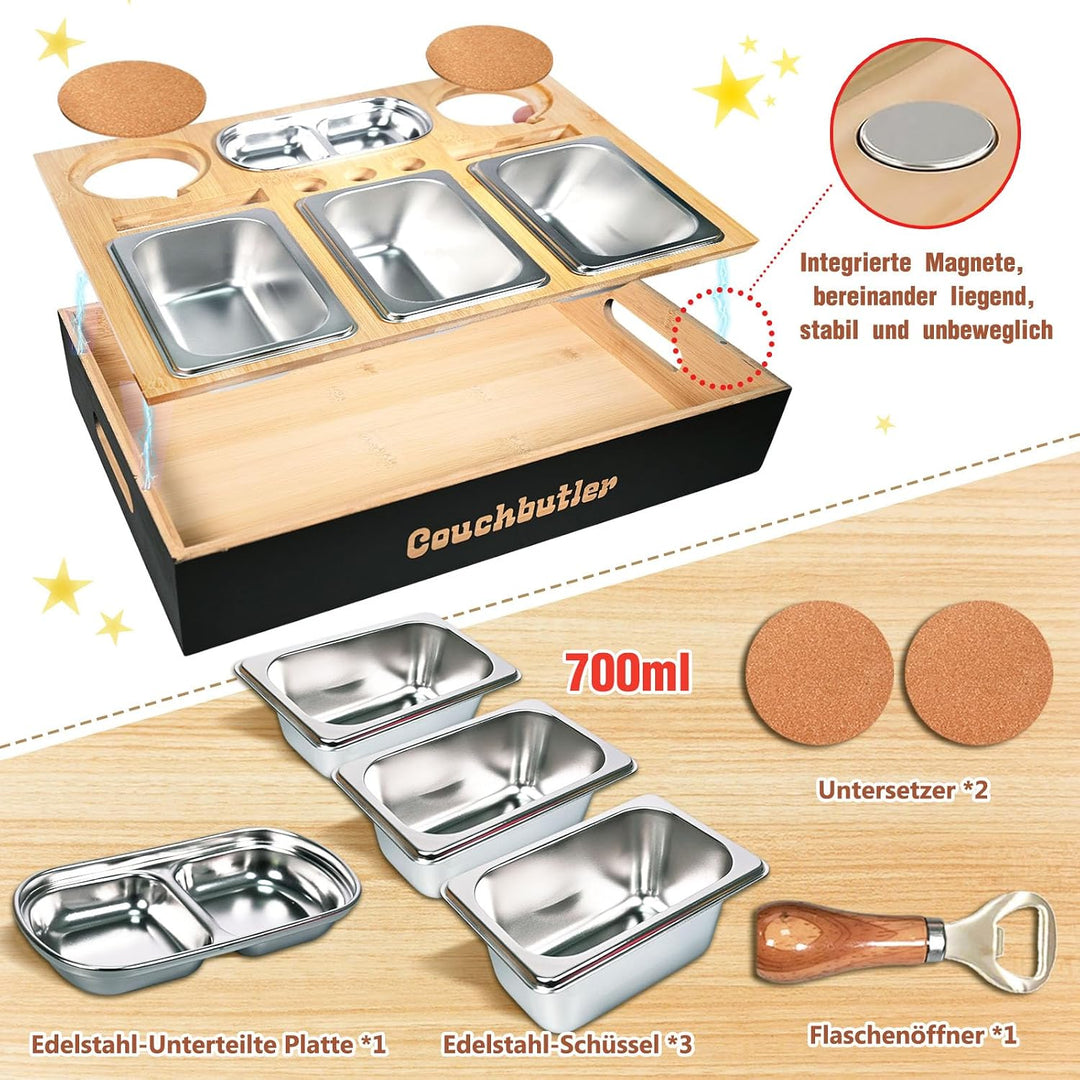 Couchbar Snackbox, Couch Bar Snackbar mit Geschenkbox, Sofa Tablett mit 3 Snackschalen, Sofatablett