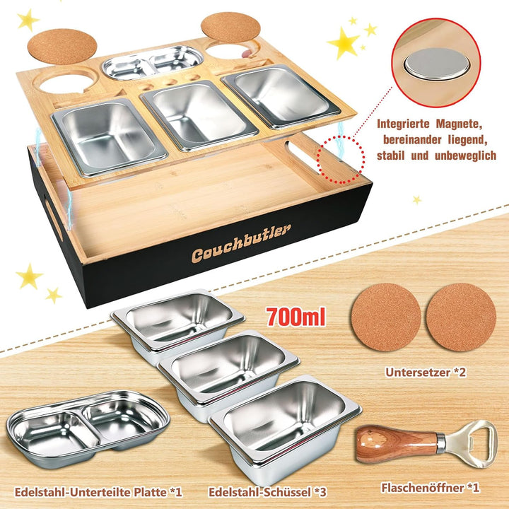 Couchbar Snackbox, Couch Bar Snackbar mit Geschenkbox, Sofa Tablett mit 3 Snackschalen, Sofatablett