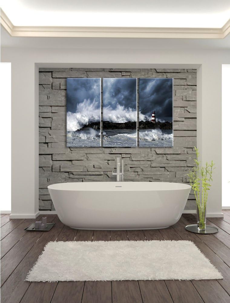 Pixxprint Tobendes Meer mit Leuchtturm als Leinwandbild/Grösse: 3 Teilig (120x80) cm/Wandbild/Kunstd
