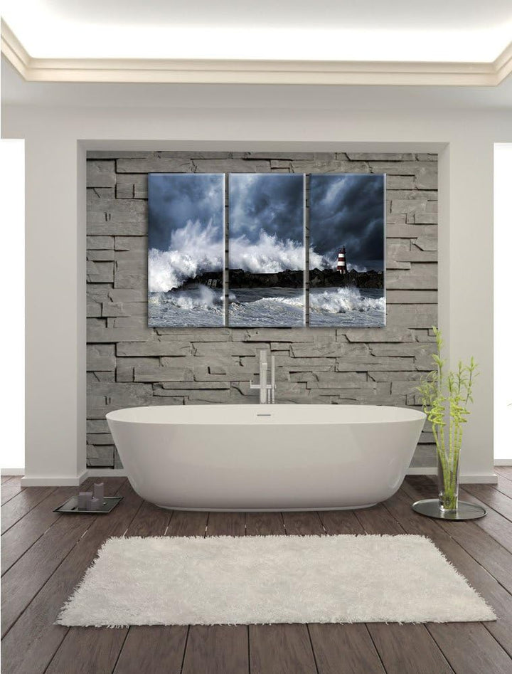 Pixxprint Tobendes Meer mit Leuchtturm als Leinwandbild/Grösse: 3 Teilig (120x80) cm/Wandbild/Kunstd