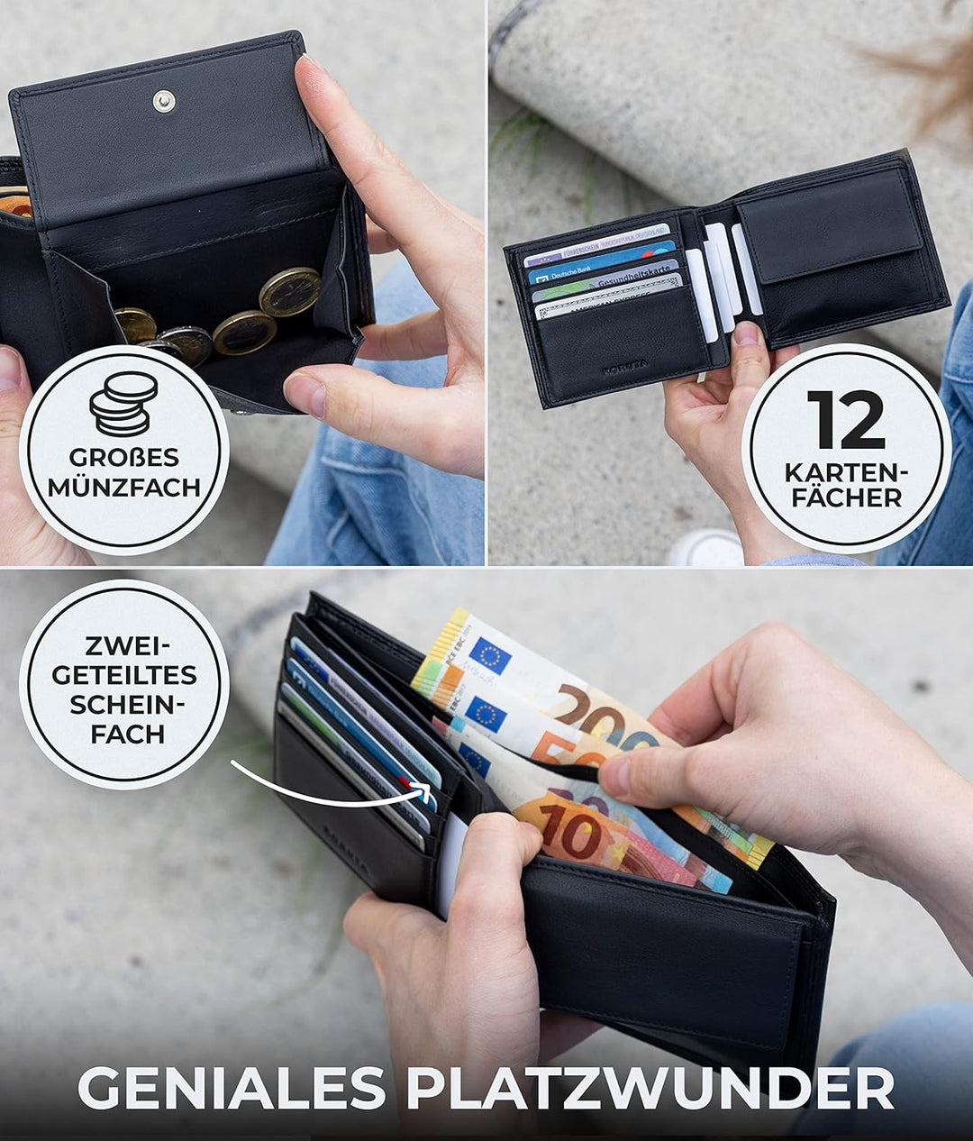 KORUTA® Geldbörse Herren Leder Carbon mit RFID Schutz I Echtleder Portemonnaie Gross I 13 Fächer I G