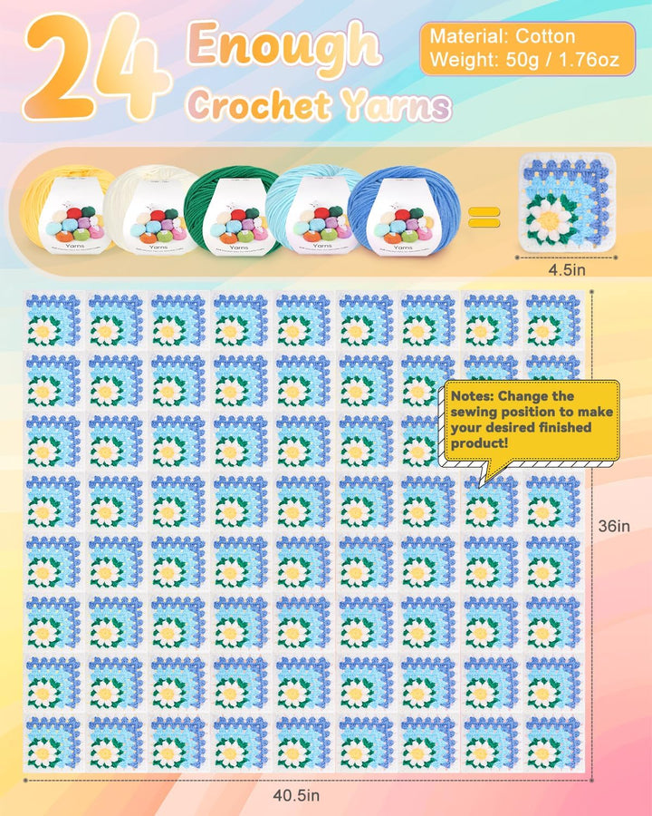 Coopay Granny Square Häkelset für Anfänger, Häkel Set für Gänseblümchen Decke 3D, Komplett Häkelset