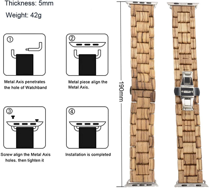 AIYIBEN Uhrenarmband aus Holz 38mm/40mm/41mm mit Schmetterlingsschnalle aus Edelstahl, kompatibel mi