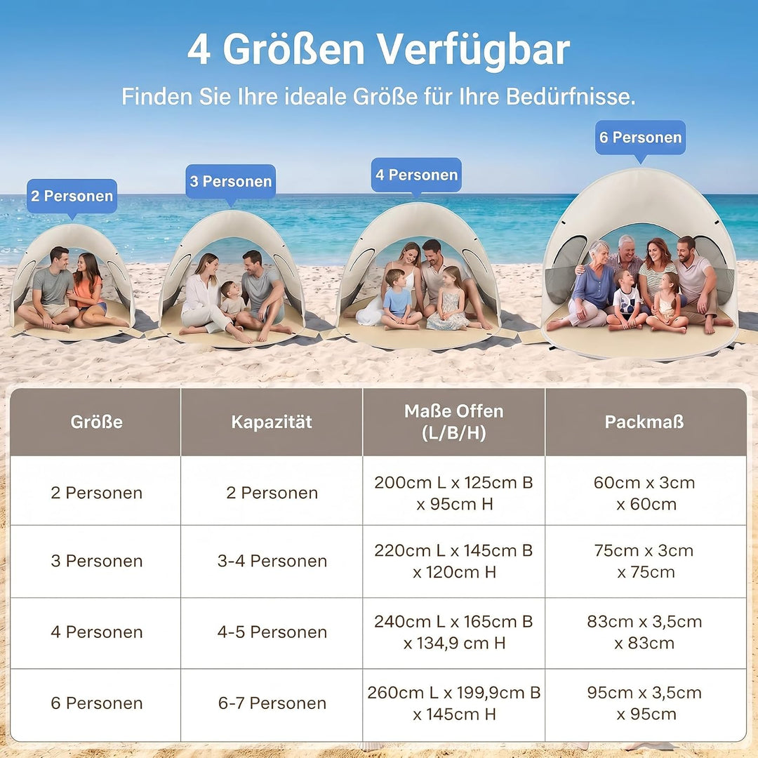 Wolfwise Pop Up Strandmuschel für 6 Personen, Sofort Aufbau, UV-Schutz 50+, Wasserabweisend, Belüfte