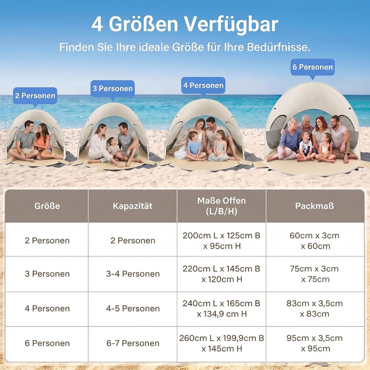Wolfwise Pop Up Strandmuschel für 6 Personen, Sofort Aufbau, UV-Schutz 50+, Wasserabweisend, Belüfte