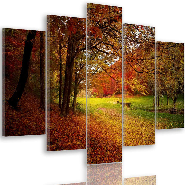 Wanddeko XXL Landschaft Leinwandbild 5 Teilig Herbst Blätter Bäume orange 100x70 cm Leinwandbild 100