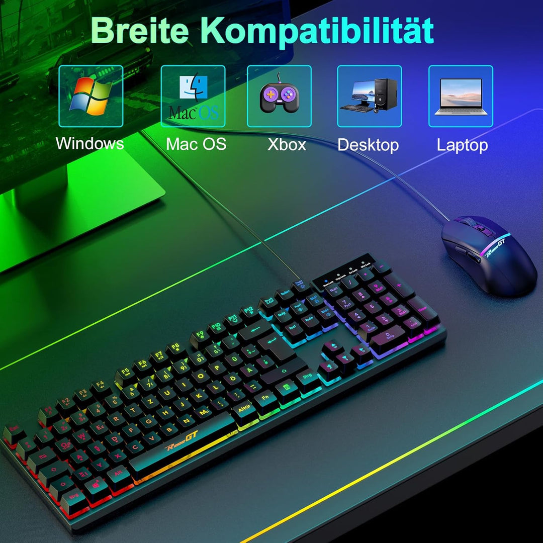 Maus und Tastatur Gaming Büro,RaceGT Tastatur Kabel RGB Beleuchtet LED Hintergrundbeleuchtung Wasser