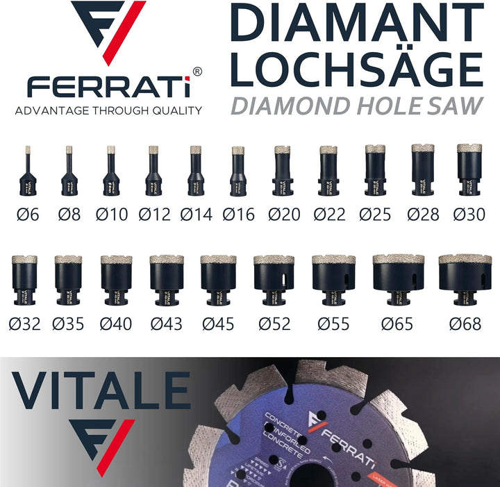 Vitale Diamant Fliesenbohrer M14 Segmenthöhe 11mm | Pro Diamantbohrer Lochsäge für Fliesen Keramik M